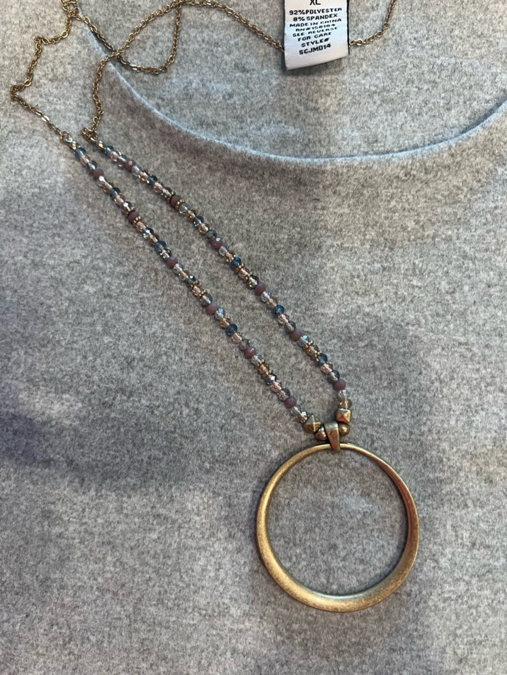 Long Beaded Necklace Gold Circle Pendant Double Strand Boho Neutral Mauve